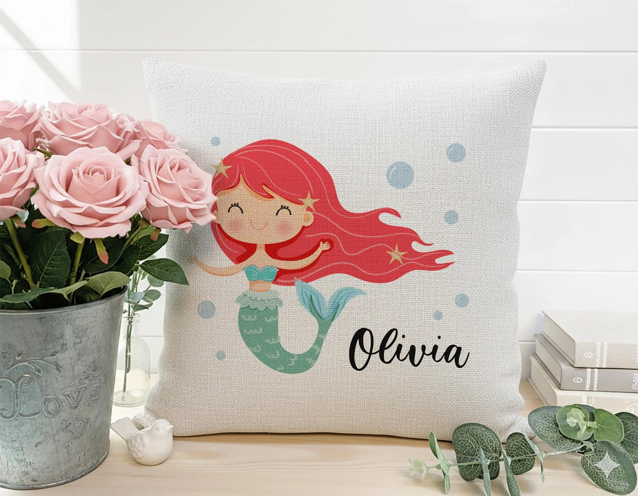 Personalised Mermaid Cushion – Soft Kids Room Pillow With Custom Name Detail