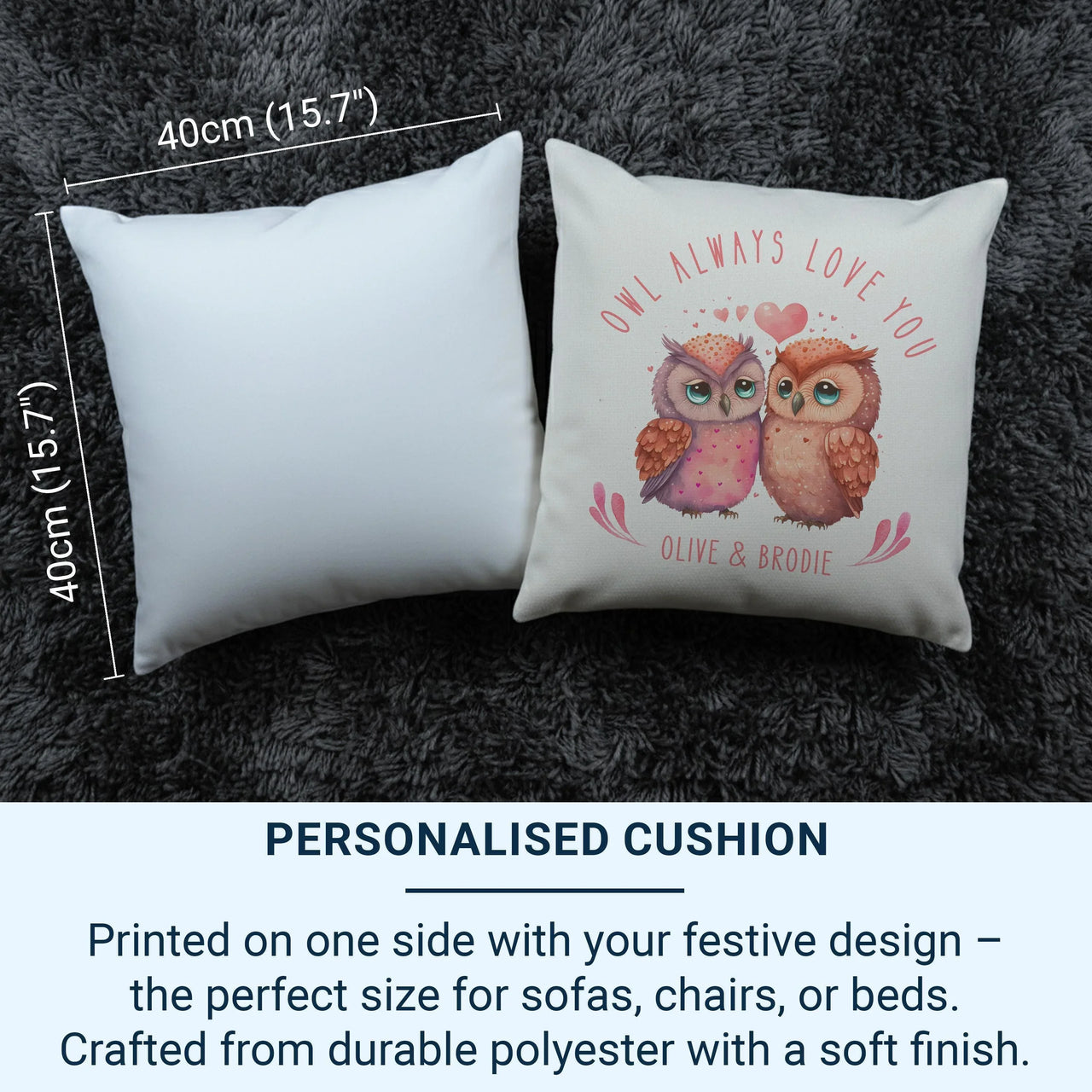 Personalised Owl Cushion – Romantic Cushion Gift With Heart Design & Custom Names