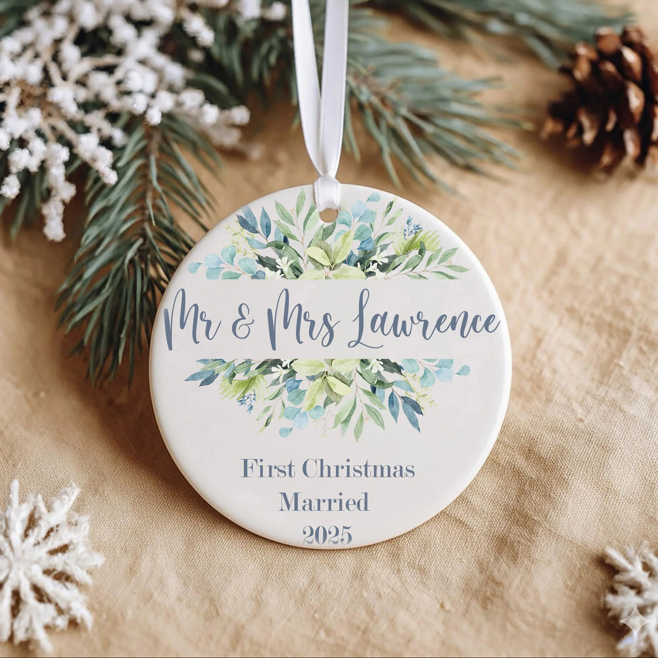 First Christmas Married Ornament - Leafy Wreath Keepsake for Newlywed Couples