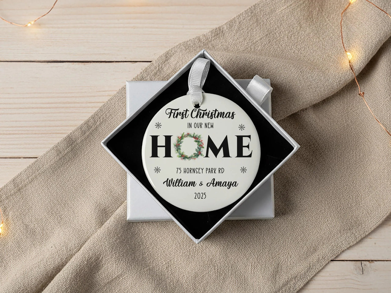 New Home Wreath Ornament - First Christmas Keepsake with Address & Names 2023
