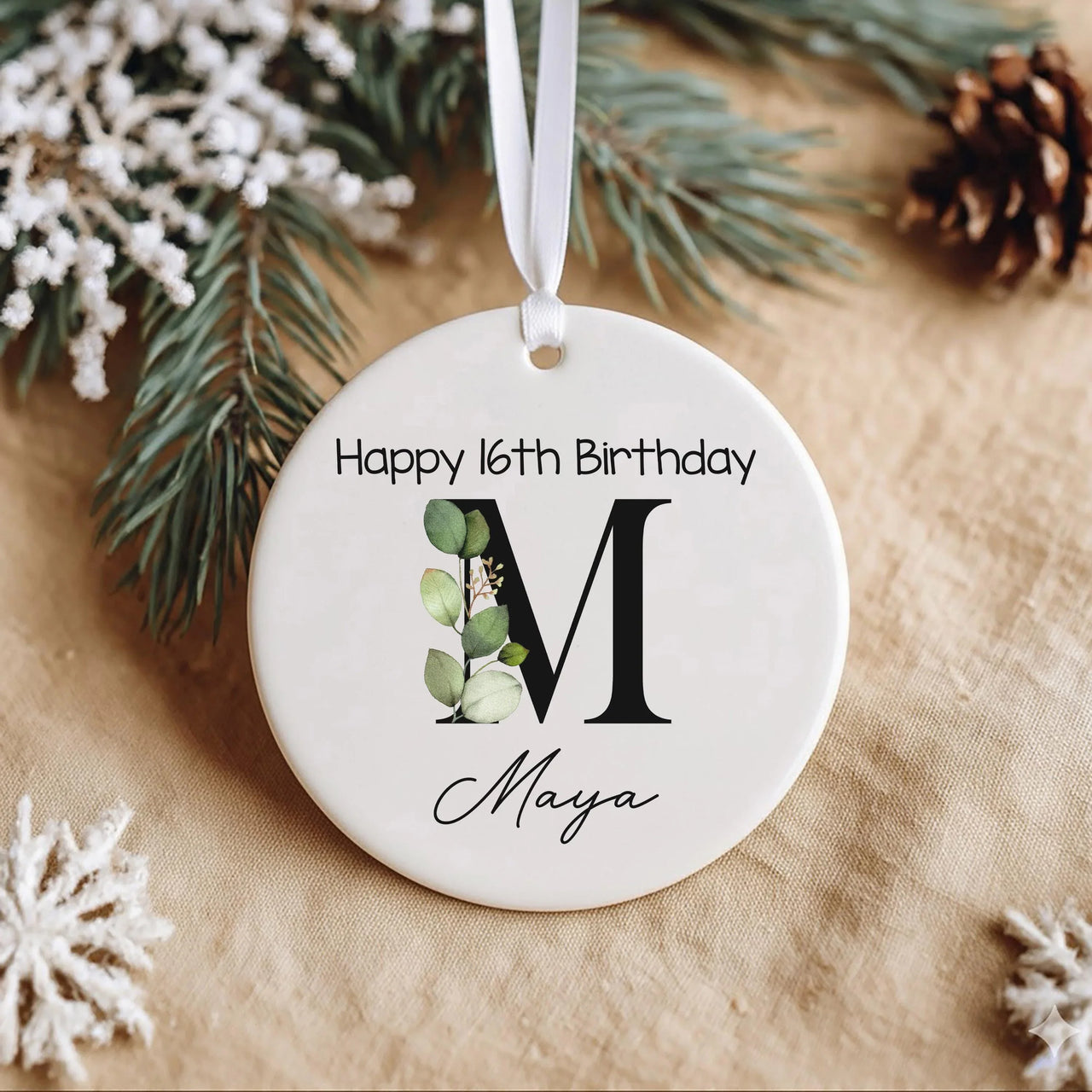 Sweet 16 Birthday Ornament - Leafy Letter Keepsake with Name for Milestone
