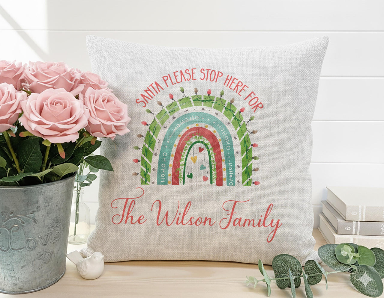 Personalised Rainbow Christmas Cushion - Cheerful Holiday Keepsake with Family Name