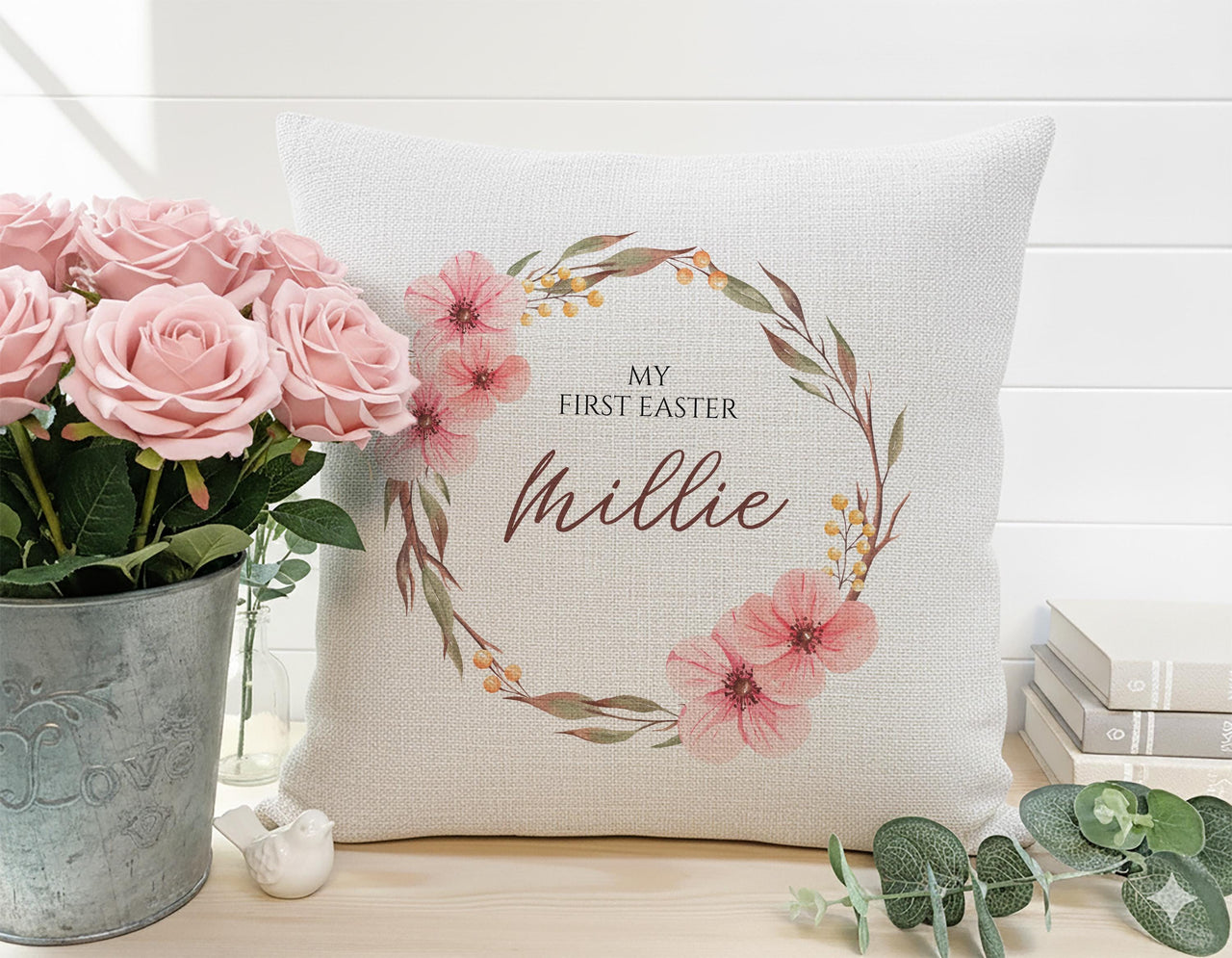 Personalised My First Easter Cushion with Floral Wreath - Sweet Baby Name Keepsake for Spring
