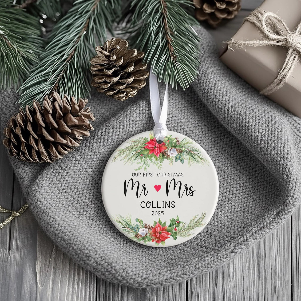 First Christmas Mr & Mrs Ornament - Newlywed Keepsake with Poinsettias for Couples' Tree