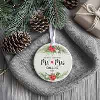 First Christmas Mr & Mrs Ornament - Newlywed Keepsake with Poinsettias for Couples' Tree