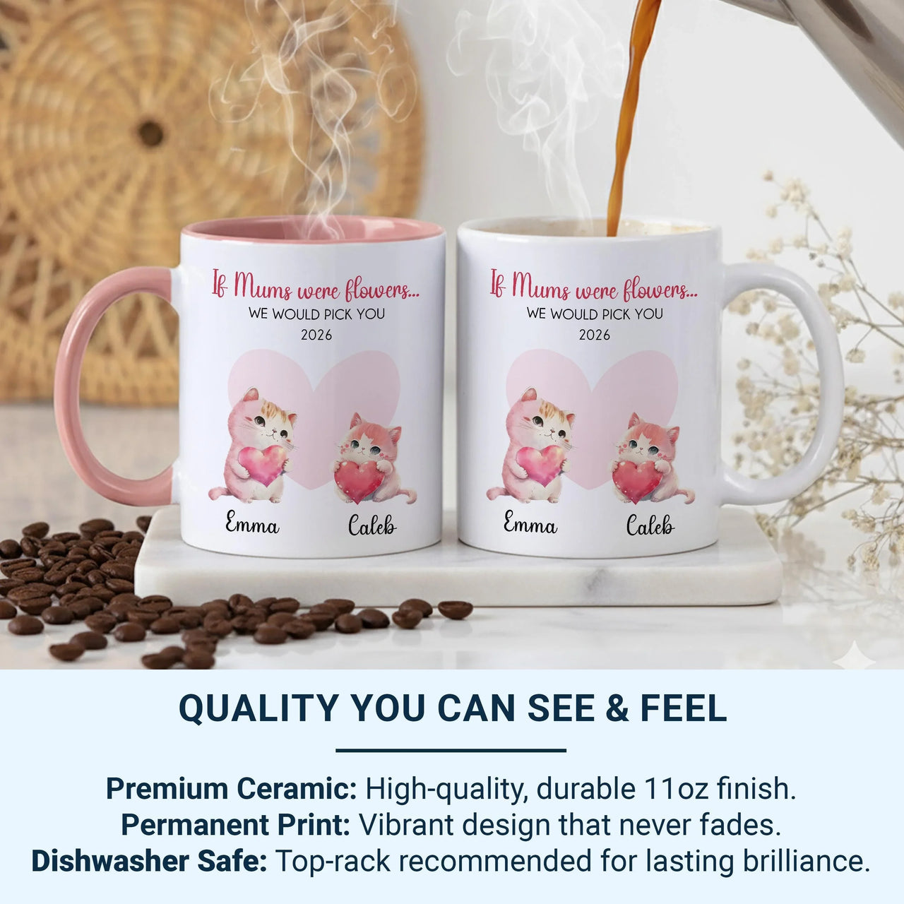 Personalised Mum Mug – Custom Mother Mug with Kids’ Names, Floral Design & Hearts