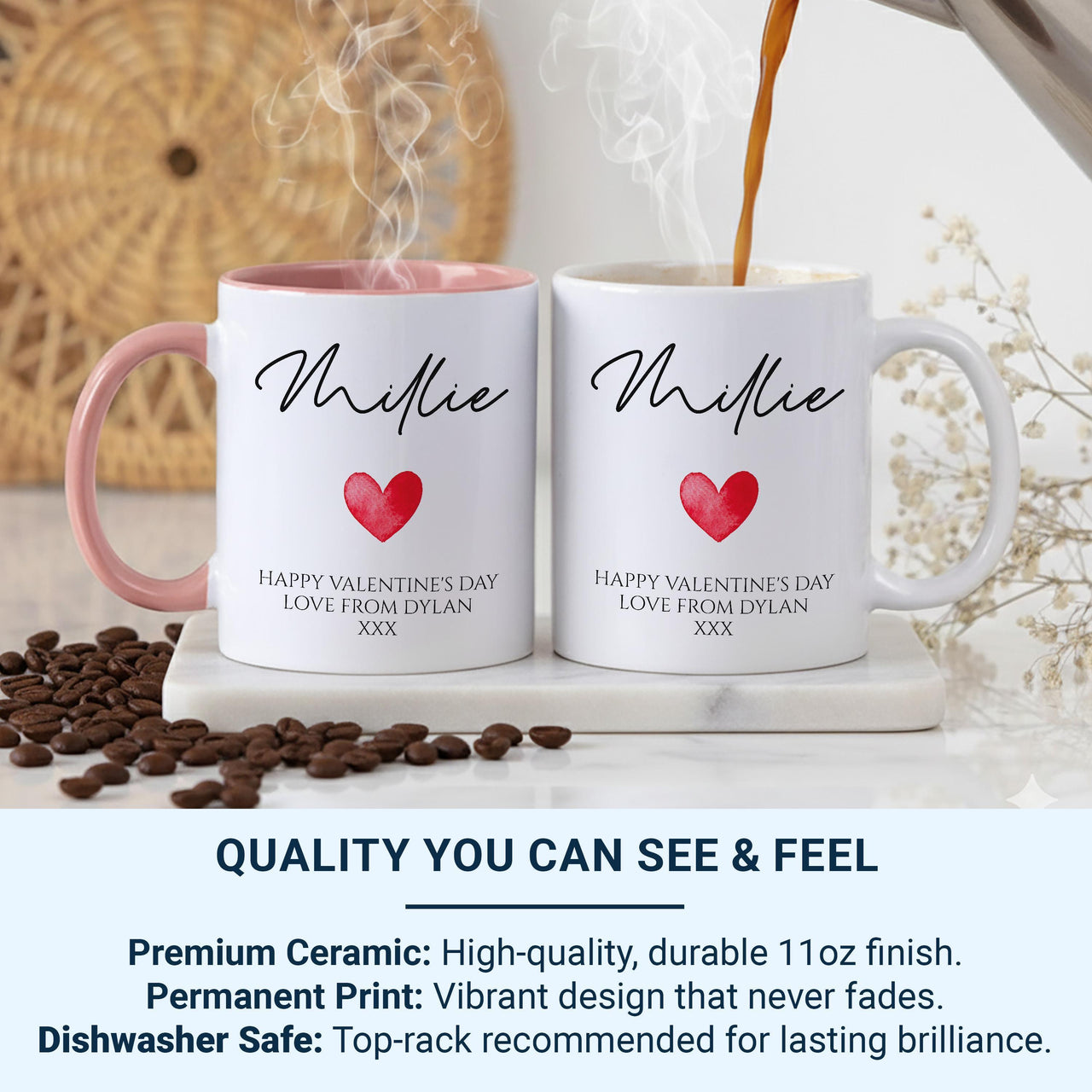 Personalised Valentine’s Mug – Custom Names, Heart Motif and Message – Romantic Gift for Couples and Anniversaries