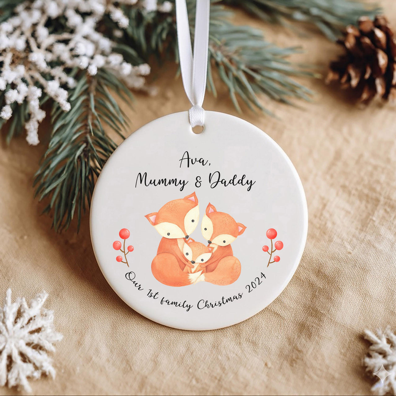 Personalised 1st Family Christmas Ornament - Adorable Trio Foxes Design - Xmas Keepsake - Christmas Eve Box Filler - Holiday Gift for Family