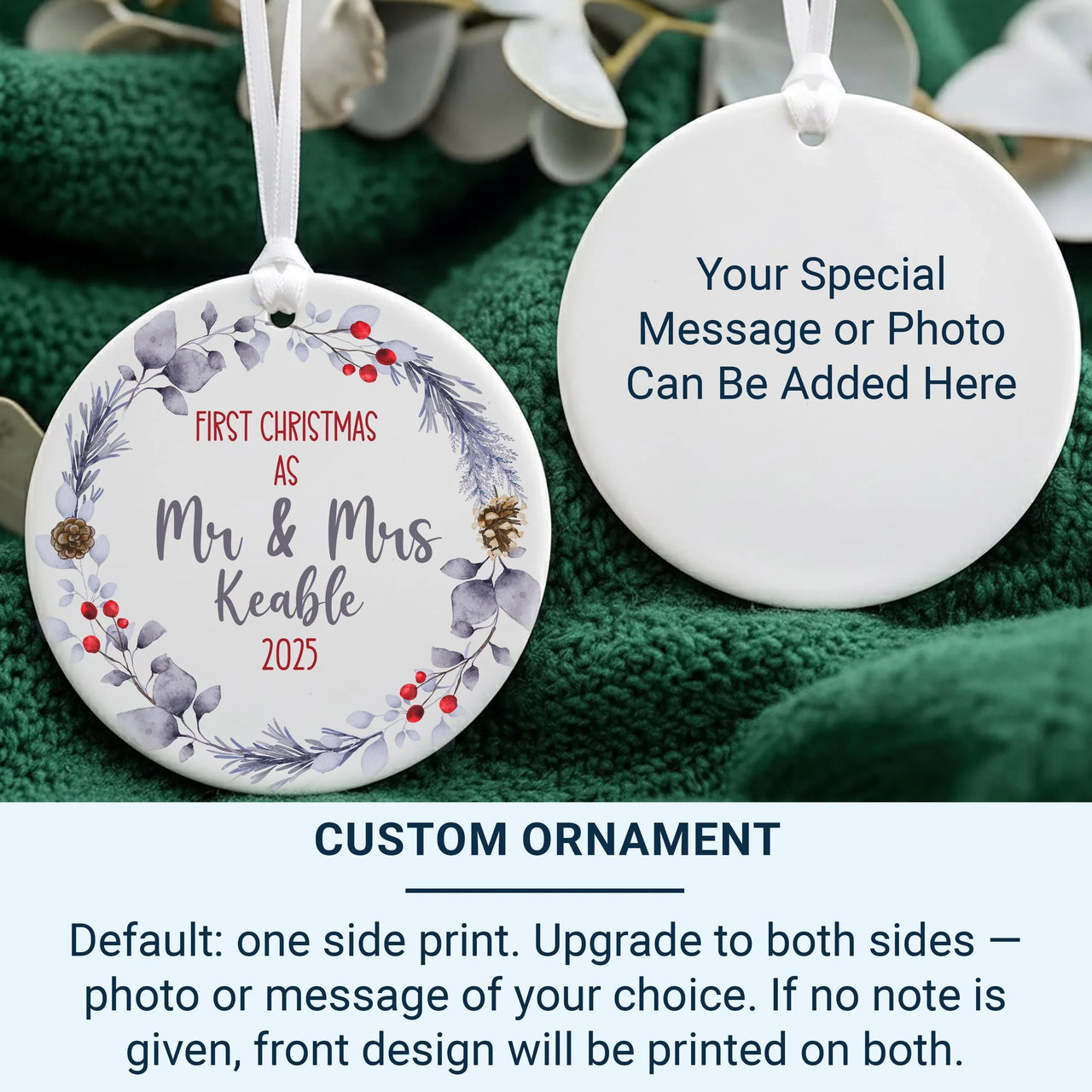 First Christmas As Mr and Mrs Personalised Ornament, Just Married Keepsake, Bauble Name, Custom Round Christmas Decoration, Gift for Couple