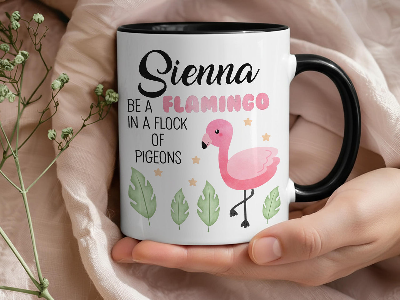 Flamingo Mug Personalised with Name and Quote _ Be a Flamingo in a Flock of Pigeons Gift