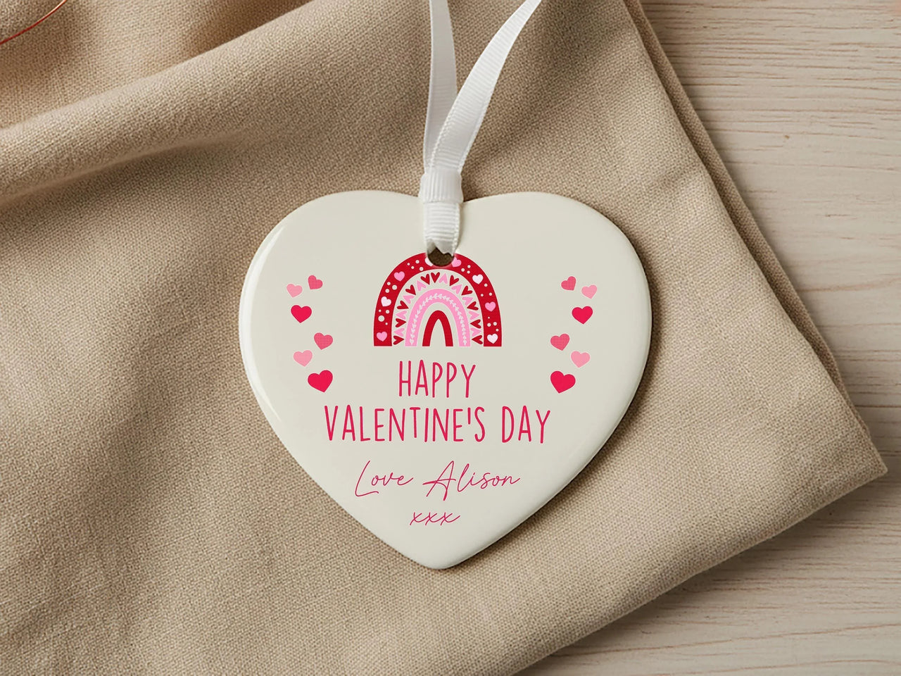 Valentine Rainbow Ornament - Personalised Ceramic Heart Keepsake with Custom Name & Message DENMARY