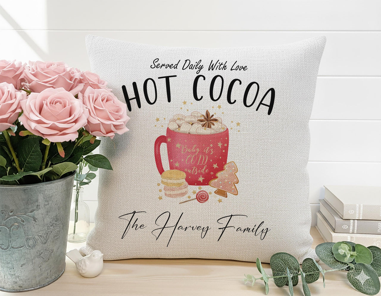 Personalised Hot Cocoa Cushion - Whimsical Christmas Keepsake with Family Name & Sweet Treats