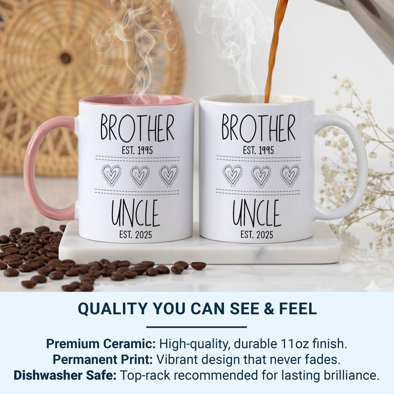 Brother to Uncle Mug - EST. Dates Personalised with Heart Icons - New Uncle and Pregnancy Reveal Gift