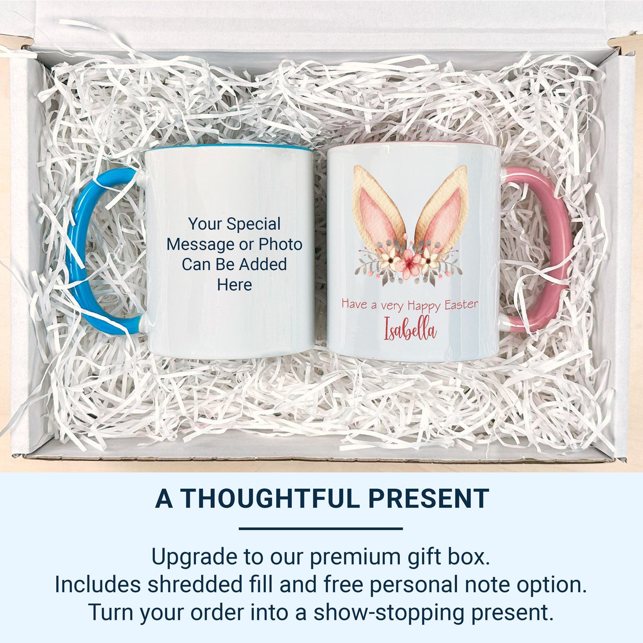 Have a Very Happy Easter Personalised Mug – Bunny Ears with Florals and Script Name – Kids’ Spring Basket and Cocoa Gift