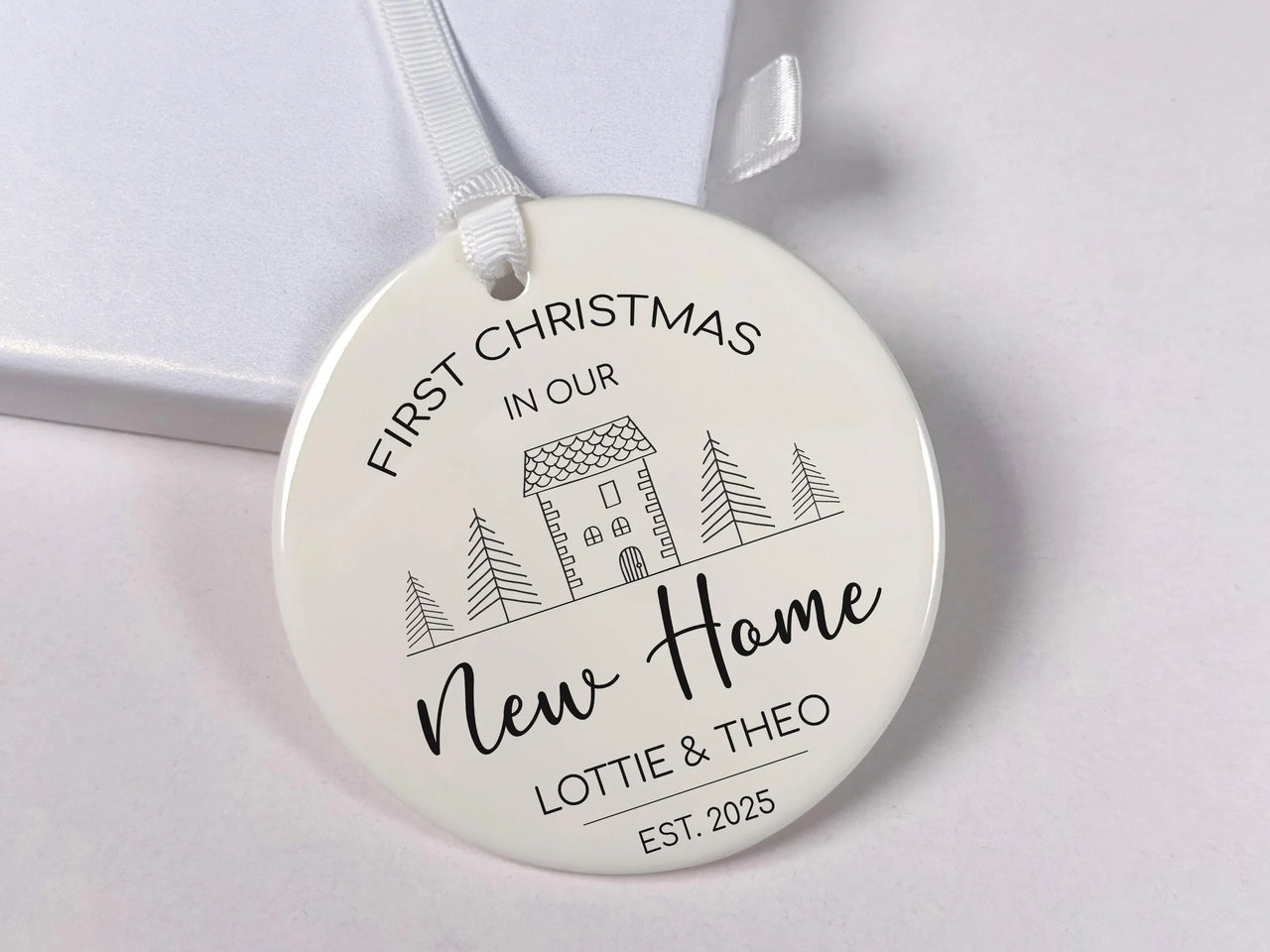 New Home Ornament - Minimalist House Keepsake with Names & Date for First Christmas