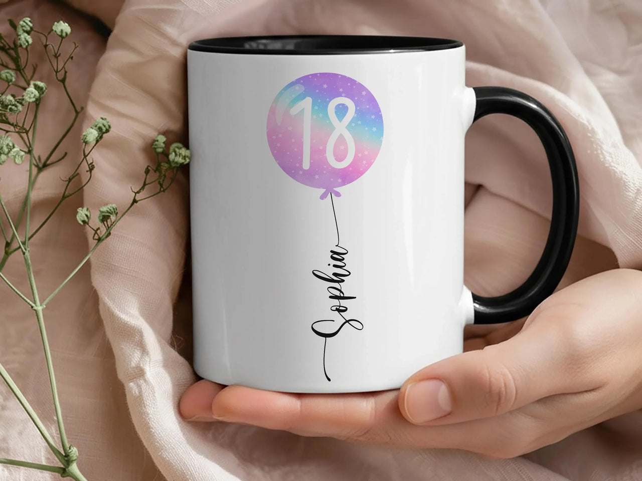 18th Birthday Mug – Personalised Name with Star Balloon – Coming_of_Age Milestone Gift and Party Morning Surprise