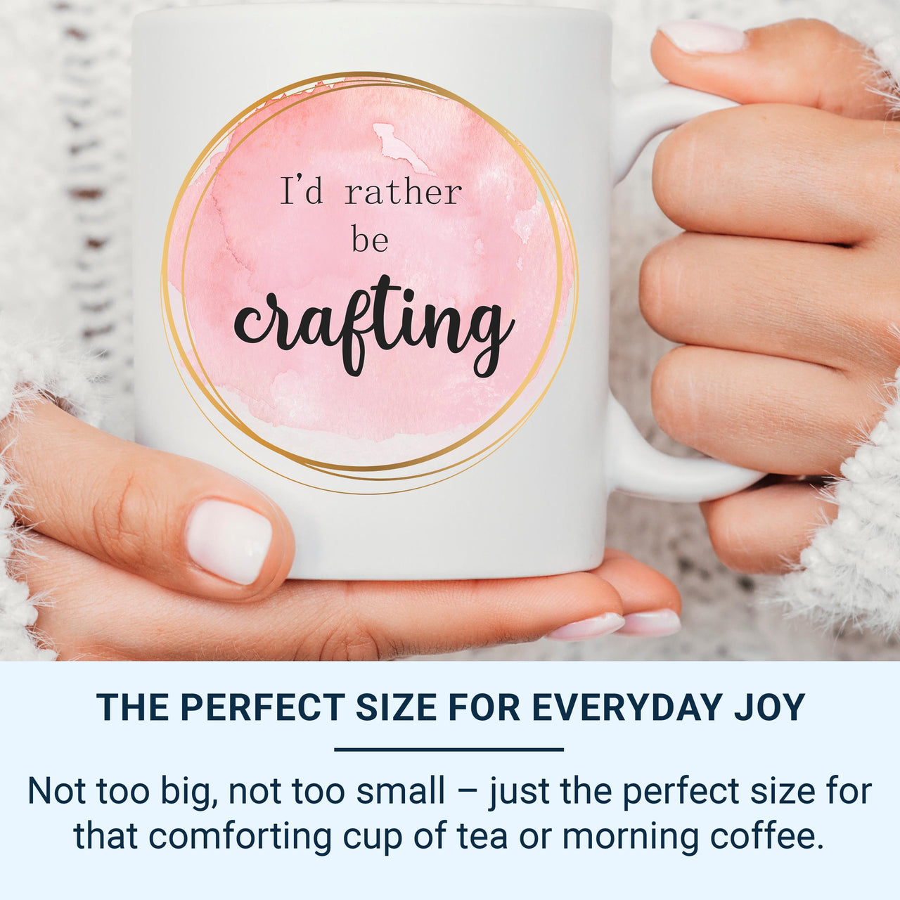 I’d Rather Be Crafting Mug – Pink Watercolour with Gold Border – Gift for Makers, Sewers and Knitters