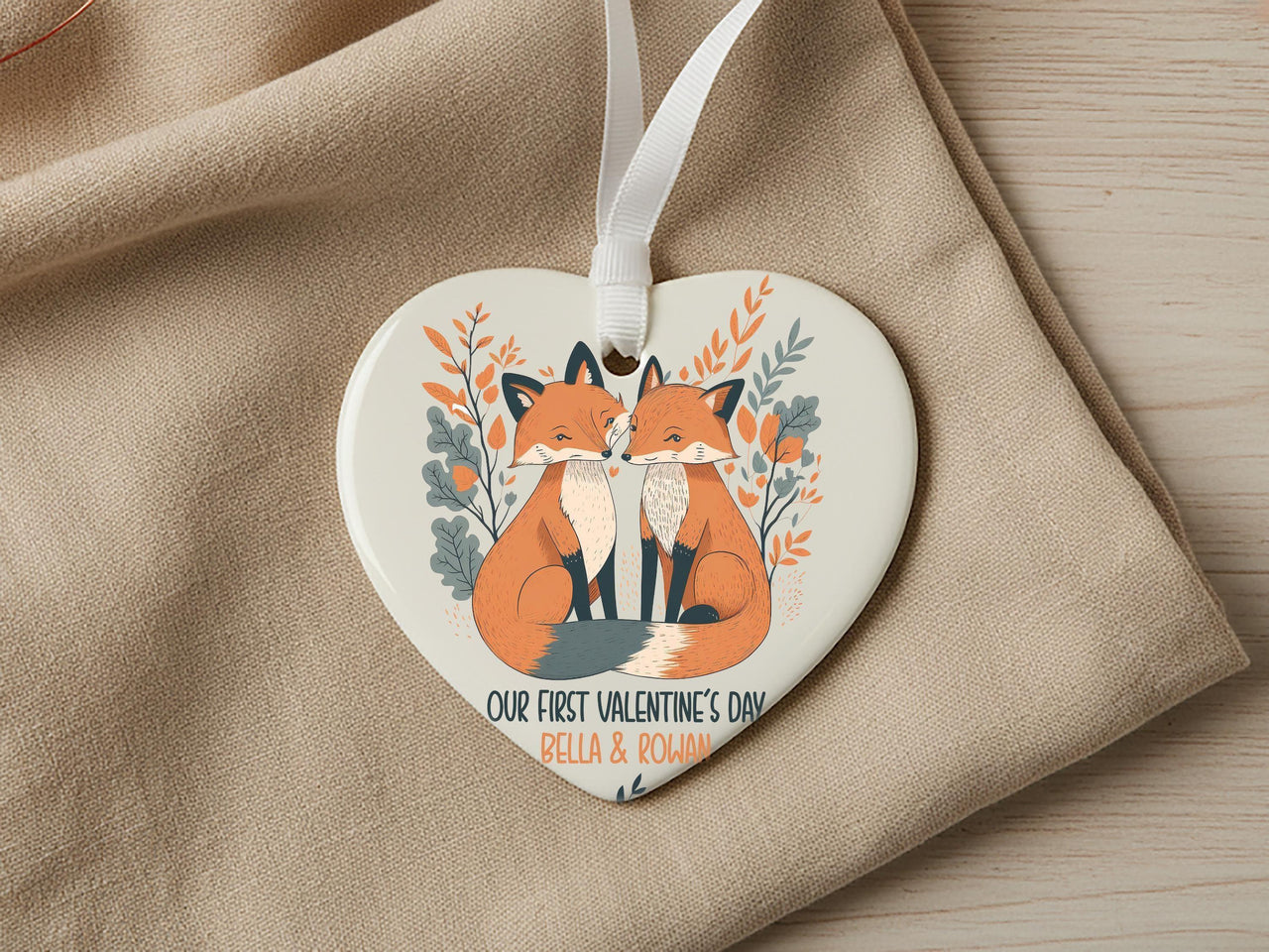 Valentine Foxes Heart Ornament - First Valentine Keepsake with Leafy Frame & Names