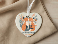 Valentine Foxes Heart Ornament - First Valentine Keepsake with Leafy Frame & Names