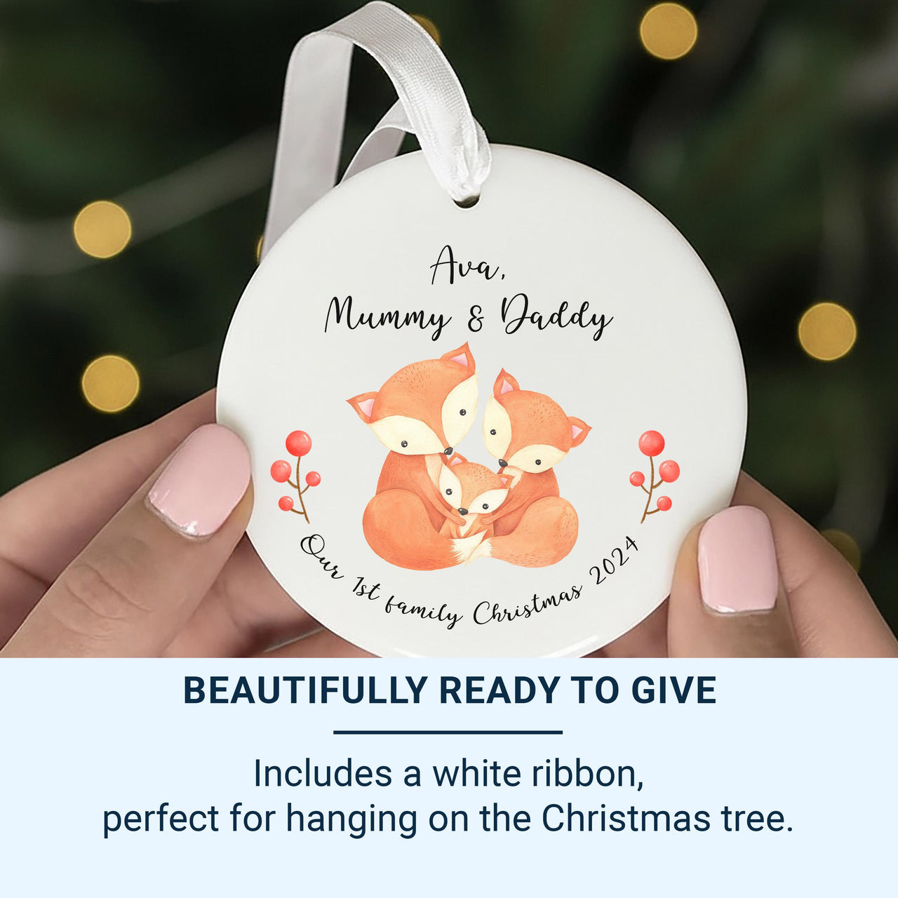 Personalised 1st Family Christmas Ornament - Adorable Trio Foxes Design - Xmas Keepsake - Christmas Eve Box Filler - Holiday Gift for Family