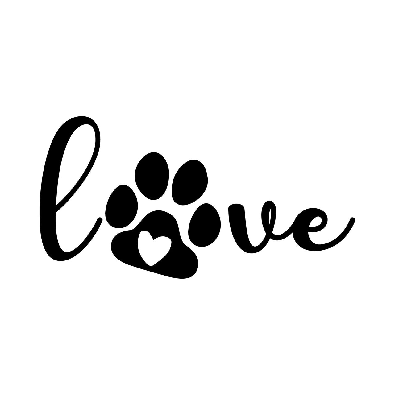 Flat black artwork on white: script 'love' with paw print and heart in the o, iron-on transfer design
