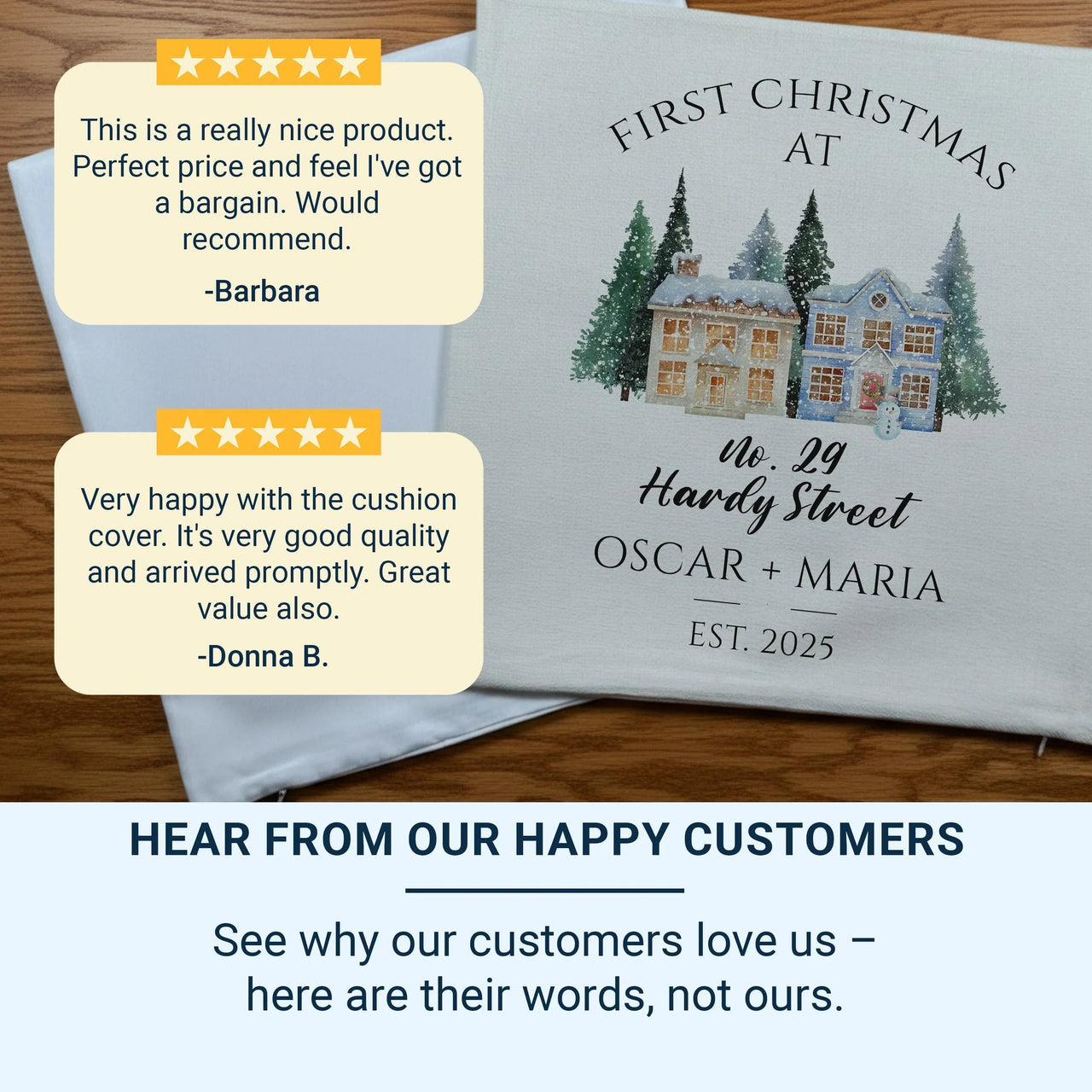 Personalised New Home Christmas Cushion - Winter Houses with Address & Names