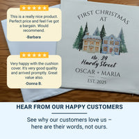 Personalised New Home Christmas Cushion - Winter Houses with Address & Names