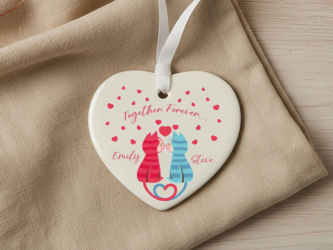 Cat Couple Heart Ornament - Together Forever Keepsake with Names for Lovers