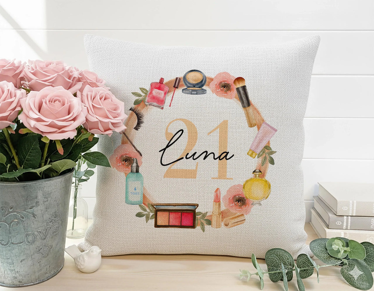 Personalised 21st Birthday Cushion - Stylish Floral Milestone Gift with Makeup Design