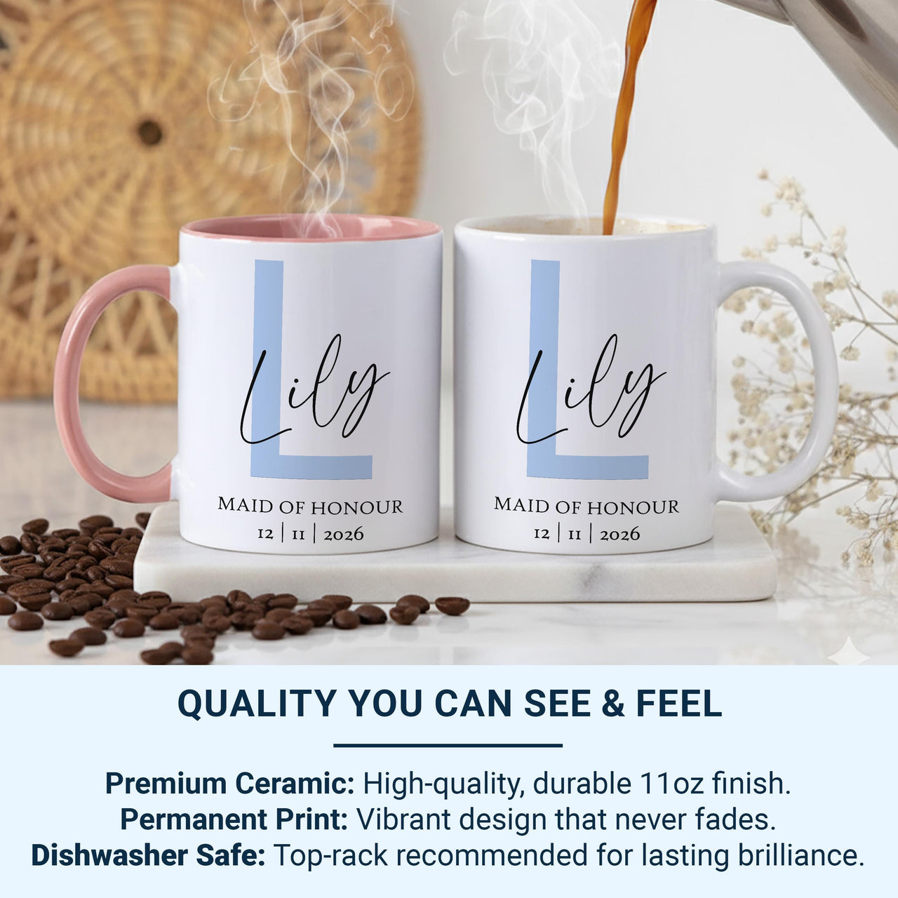 Maid of Honour Mug Personalised Name Date Wedding Party Gift