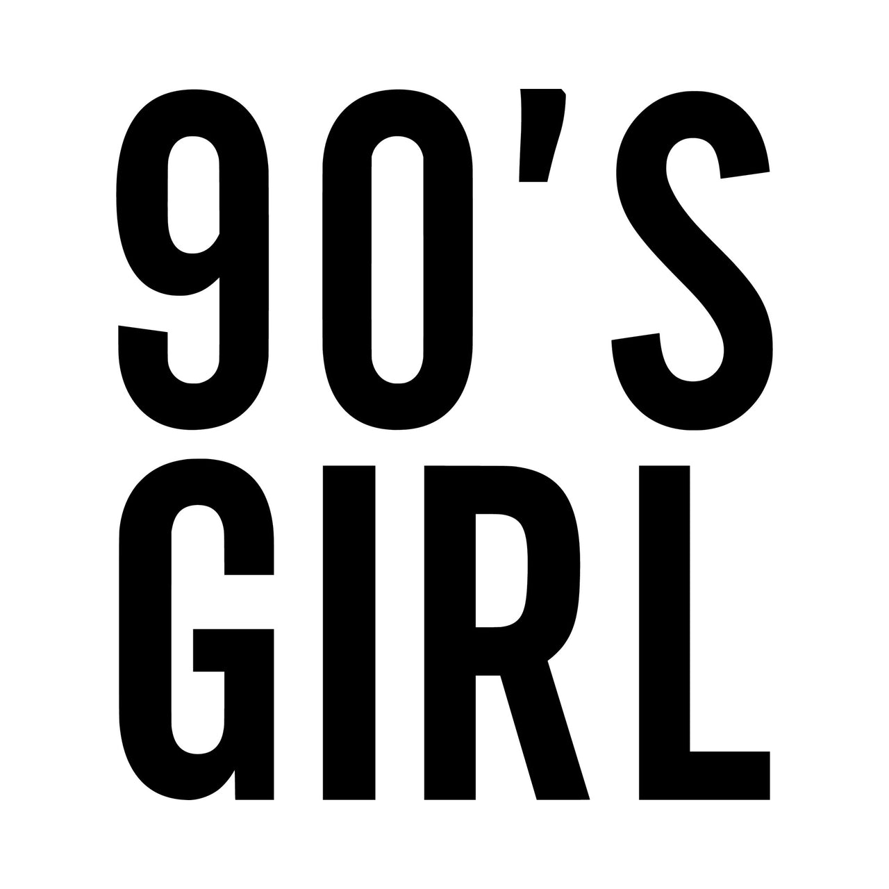 Flat black artwork on white: '90'S GIRL' in tall bold capitals, iron-on transfer design
