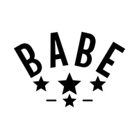 Flat black artwork on white: arched capitals 'BABE' with stars below, iron-on transfer design