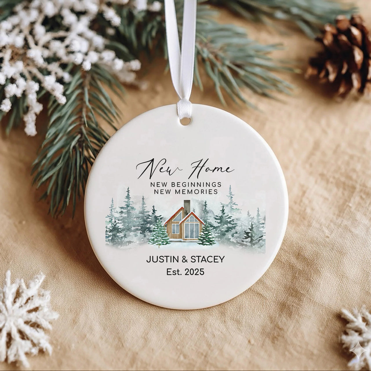 Personalised New Home Christmas Ornament 2025 - Ceramic Bauble with Names - New Beginnings, New Memories - Keepsake Hanging Gift