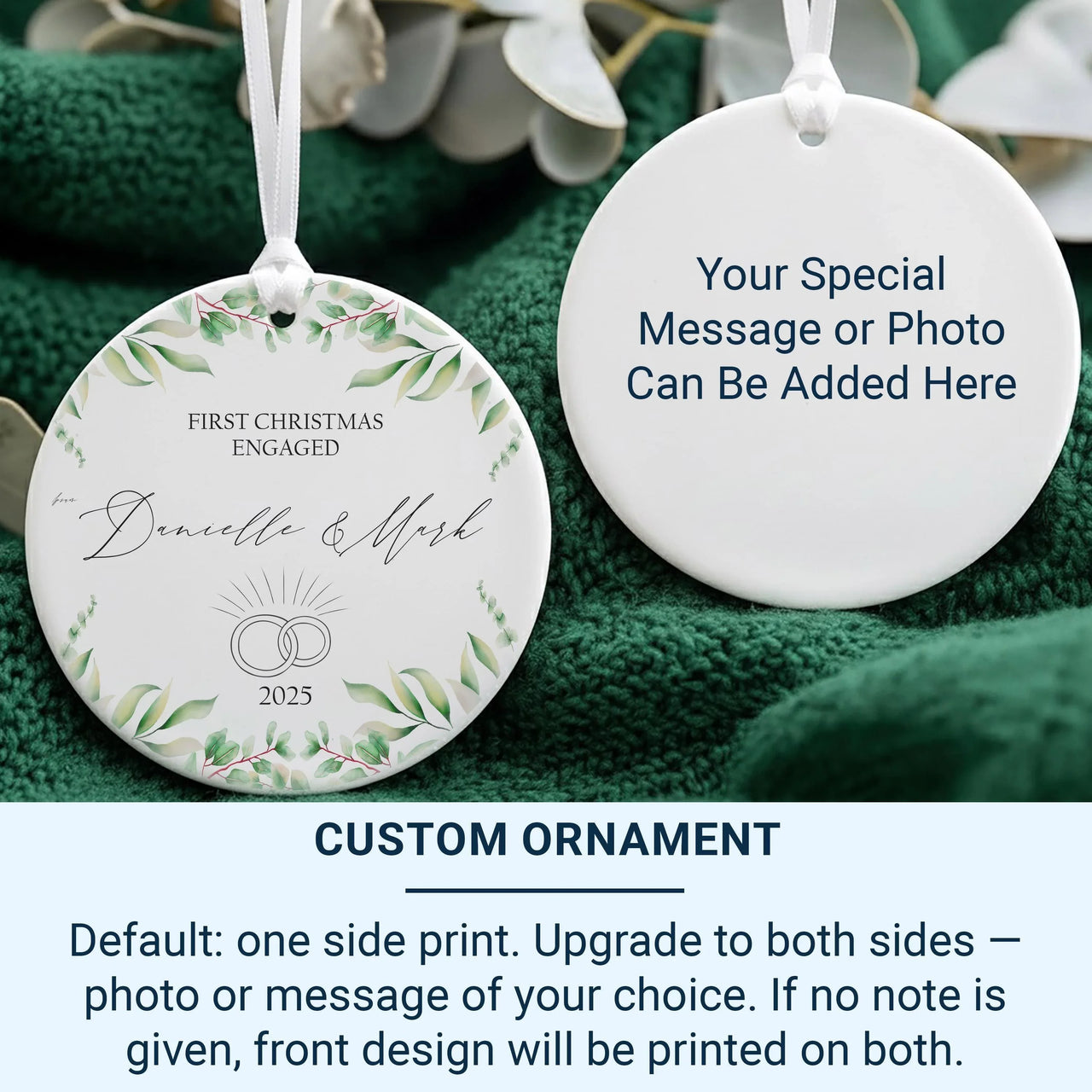 First Christmas Engaged Ornament - Ring Motif Keepsake with Leafy Design & Names