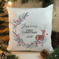 Personalised Baby Christmas Cushion – Custom Name Festive Deer Pillow 40cm