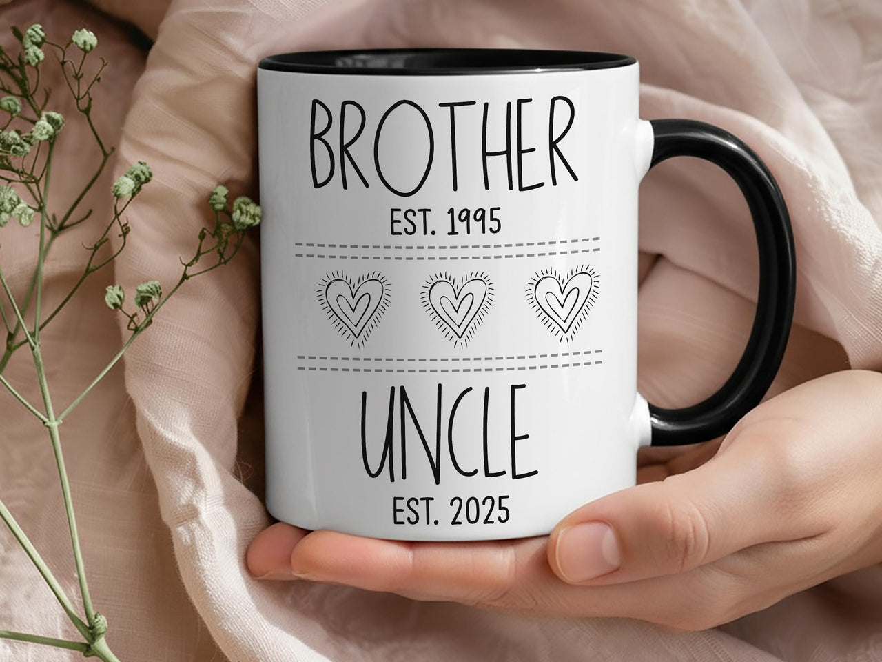 Brother to Uncle Mug - EST. Dates Personalised with Heart Icons - New Uncle and Pregnancy Reveal Gift