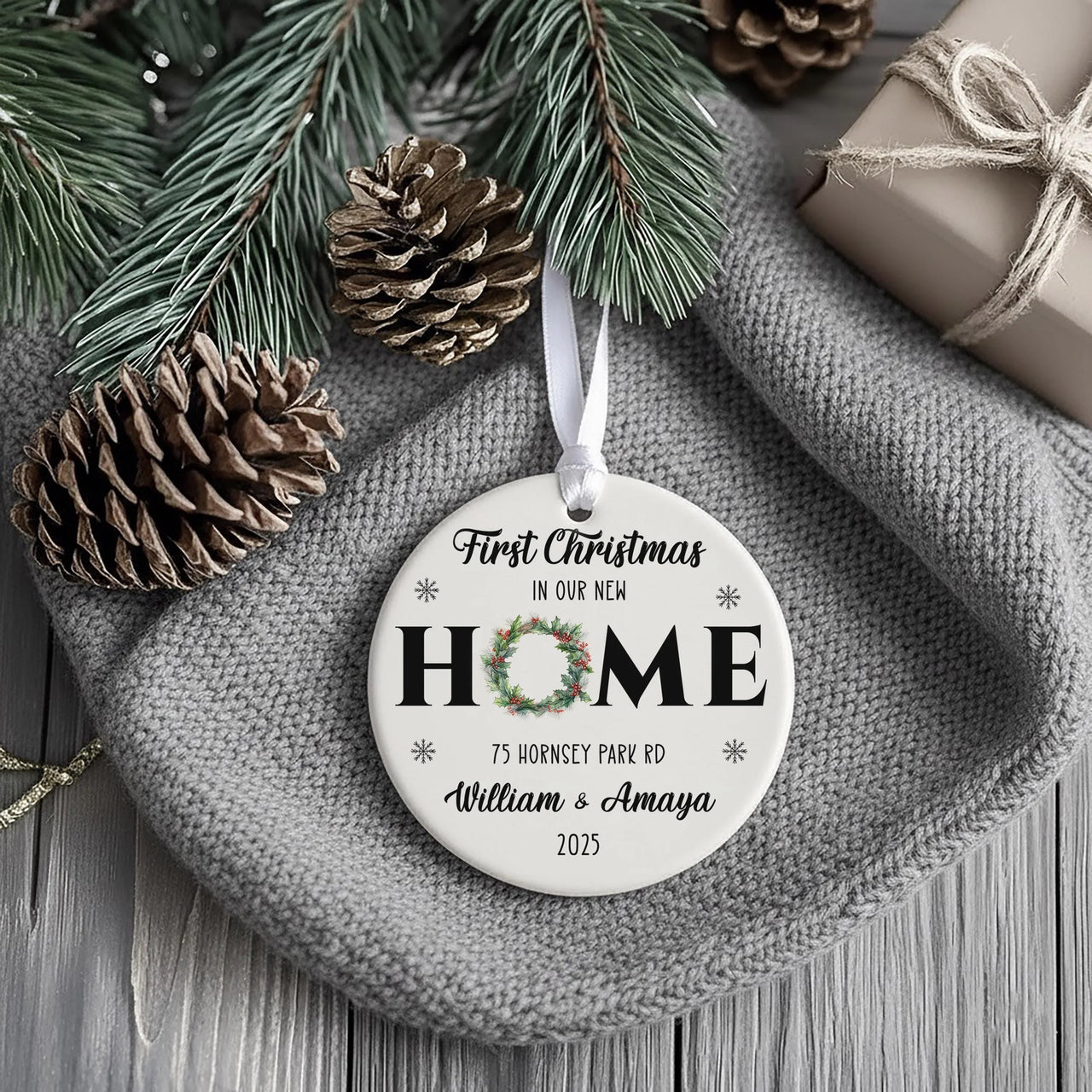 New Home Wreath Ornament - First Christmas Keepsake with Address & Names 2023