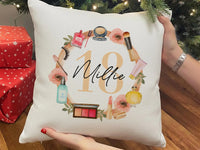 Personalised 18th Birthday Cushion – Custom Name Pillow With Vibrant Makeup Design