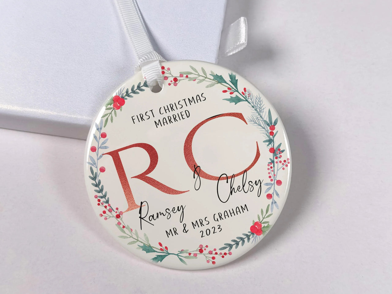 First Christmas Married Ornament 2025 - Floral Wreath with Initials & Surname