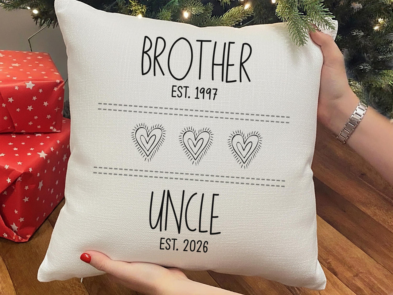 Personalised Brother and Uncle Cushion with Dates - Modern Family Name Keepsake with Heart Icons