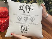 Personalised Brother and Uncle Cushion with Dates - Modern Family Name Keepsake with Heart Icons