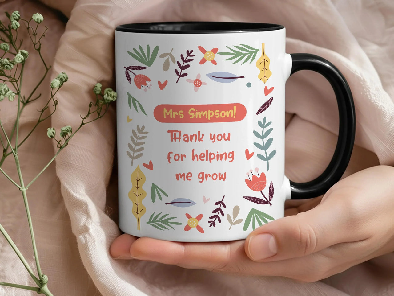 Thank You Teacher Mug – Personalised Floral Teacher Gift With Surname Print
