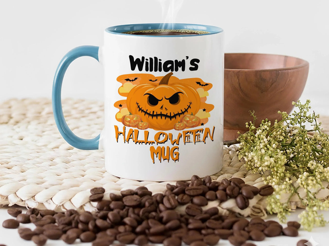 Personalised Halloween Mug – Pumpkin Jack O Lantern with Spooky Bats for Kids