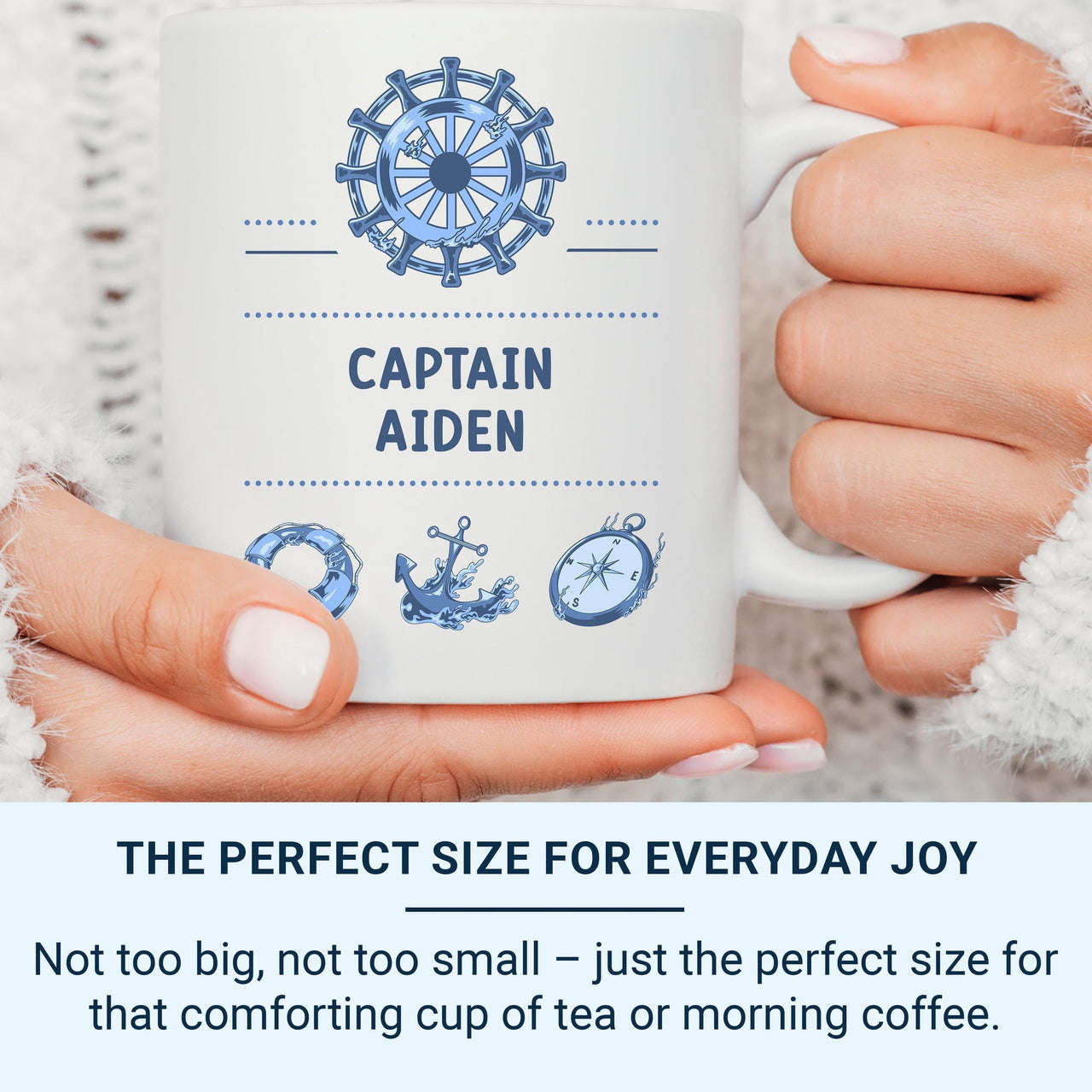 Captain Personalised Mug – Nautical Wheel and Anchor – Custom Name Gift for Boat Lovers, Sailing Fans and Sea Captains
