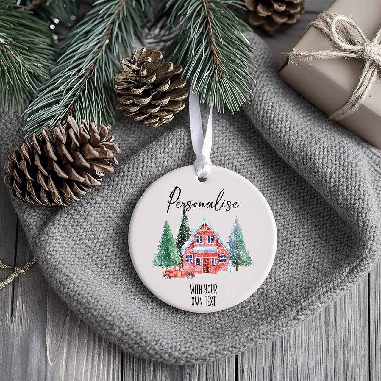 Customisable Ceramic Bauble Ornament - Personalised Text - Festive Xmas House Design - Perfect for a Unique Christmas Decoration