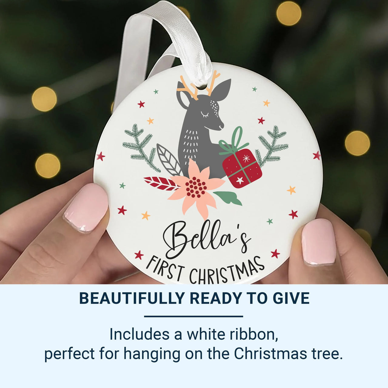 Baby First Christmas Ornament - Deer & Poinsettia Keepsake with Name