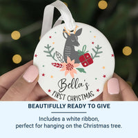 Baby First Christmas Ornament - Deer & Poinsettia Keepsake with Name