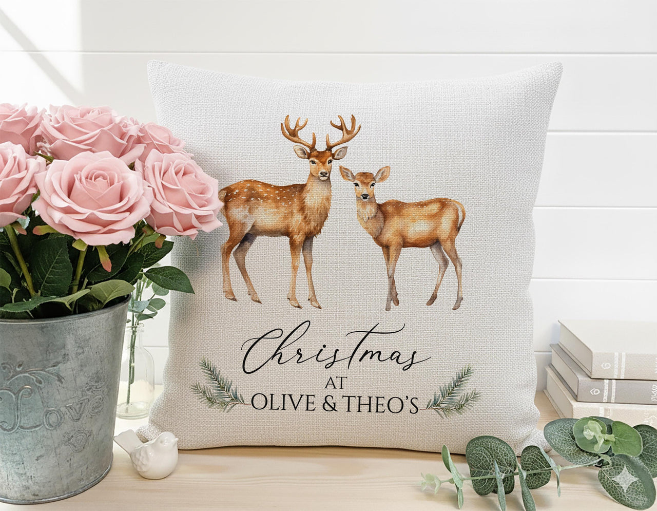 Personalised Family Christmas Cushion - Watercolour Deer Design with Names