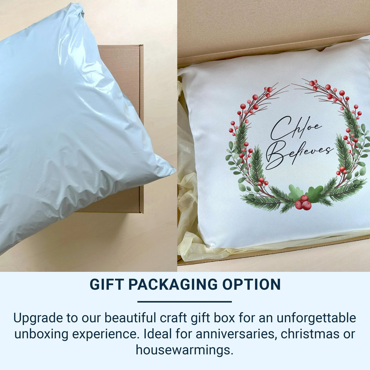 Personalised Christmas Cushion – Festive Seasonal Pillow with Pine Berry Decoration