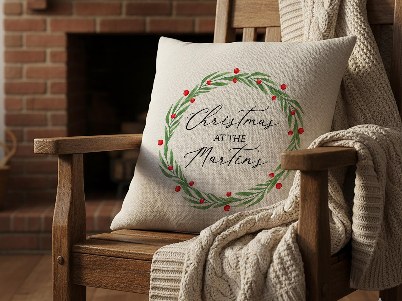 Personalised Family Christmas Cushion - Festive Wreath Design with Family Name